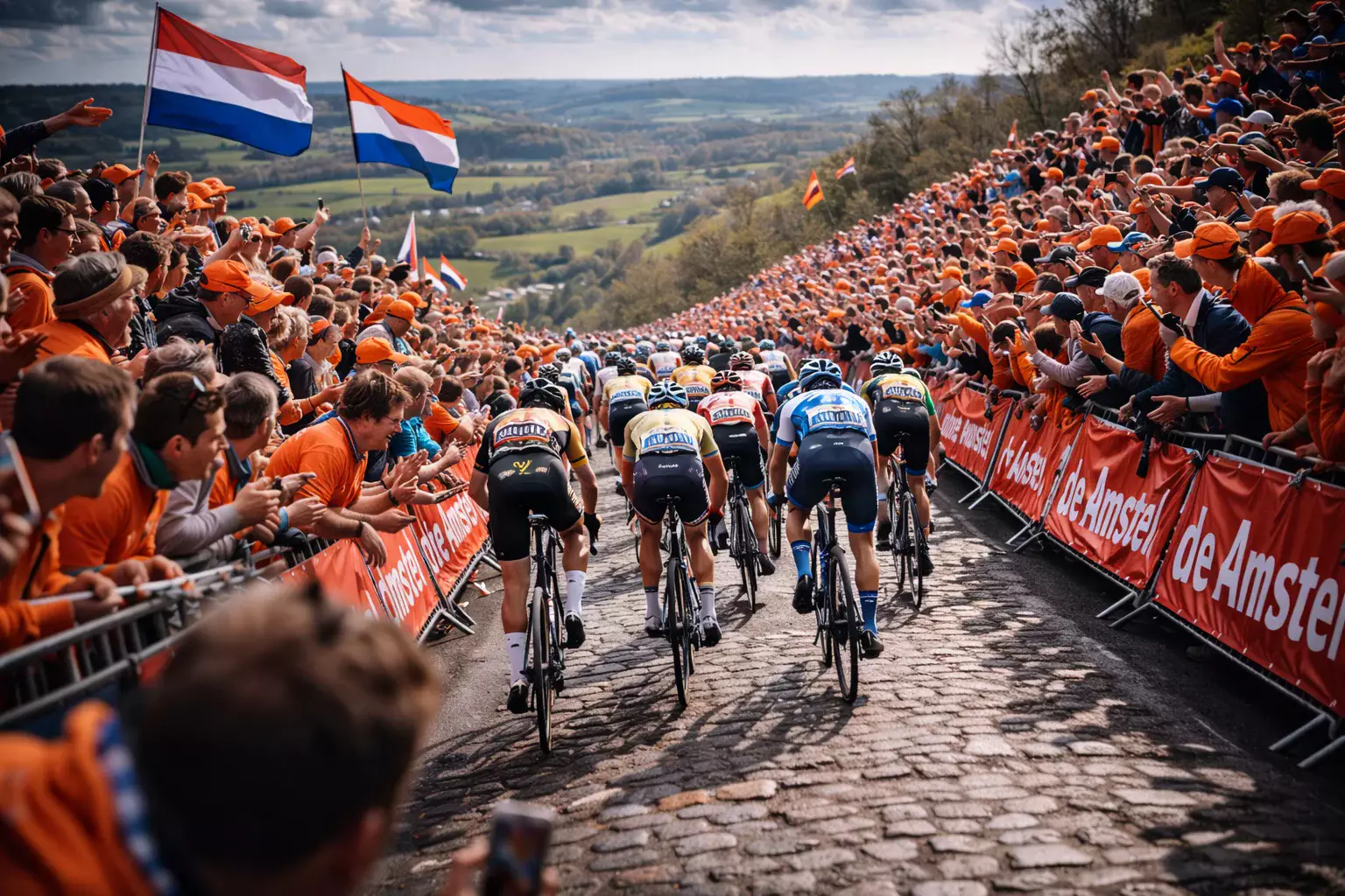 Peloton wielrenners beklimt de Cauberg tijdens de Amstel Gold Race met toeschouwers