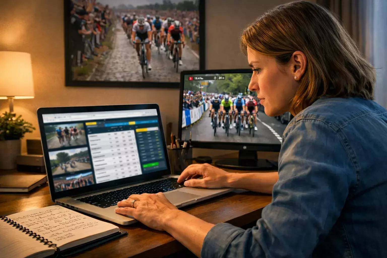 Persoon analyseert wielerquoteringen op laptop met koersbeelden