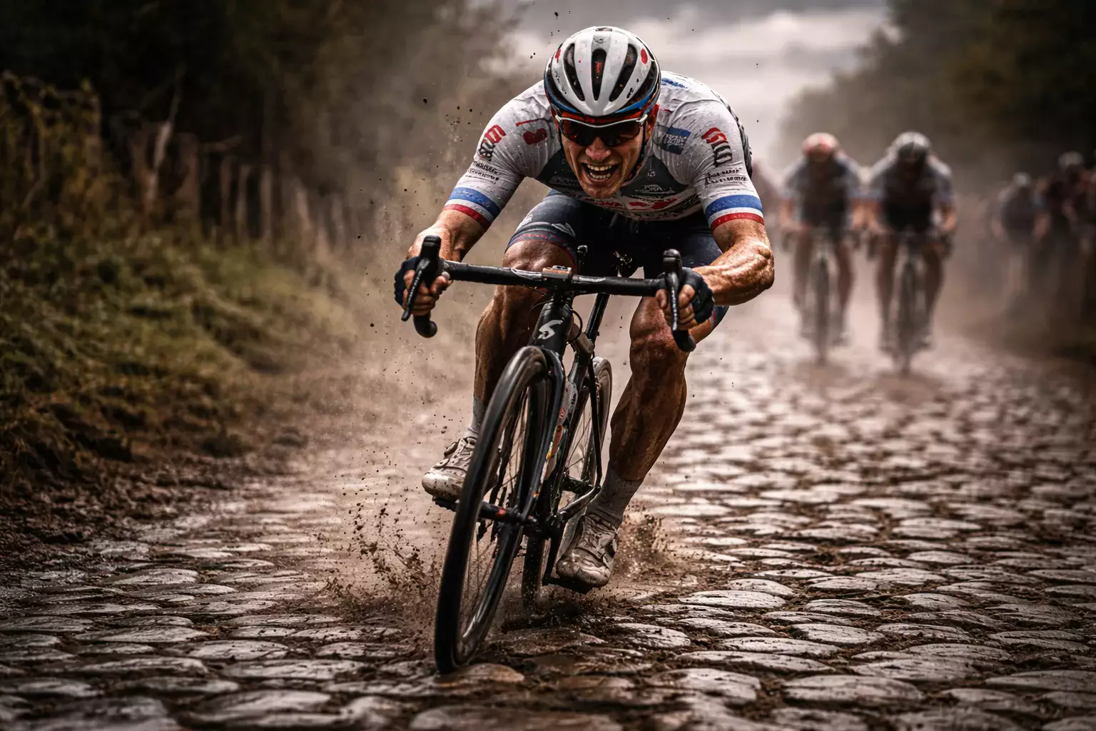 Wielrenner op kasseiensector met waarschuwingssymbolen