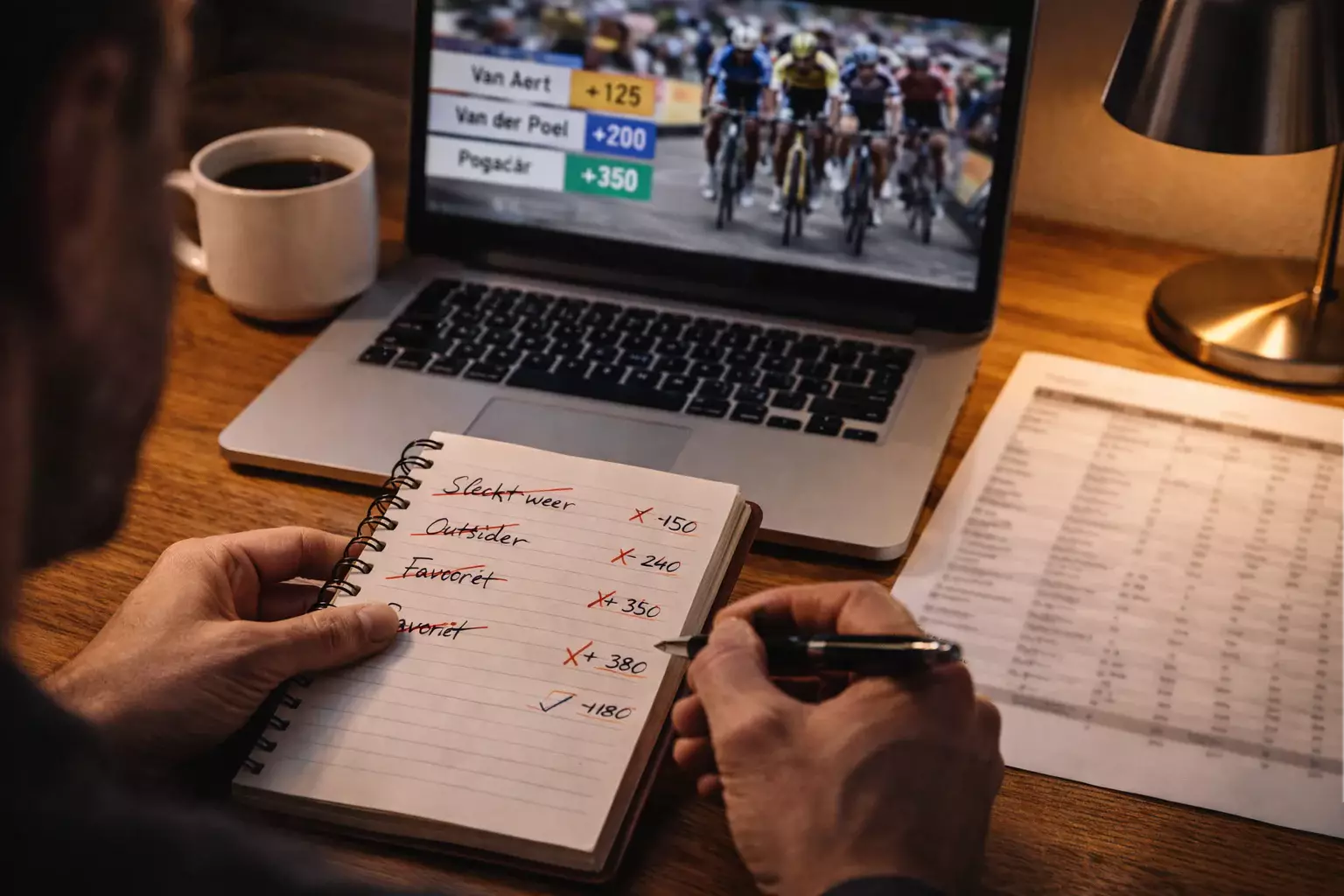 Persoon analyseert wielerweddenschap met doorkruiste foutieve keuzes
