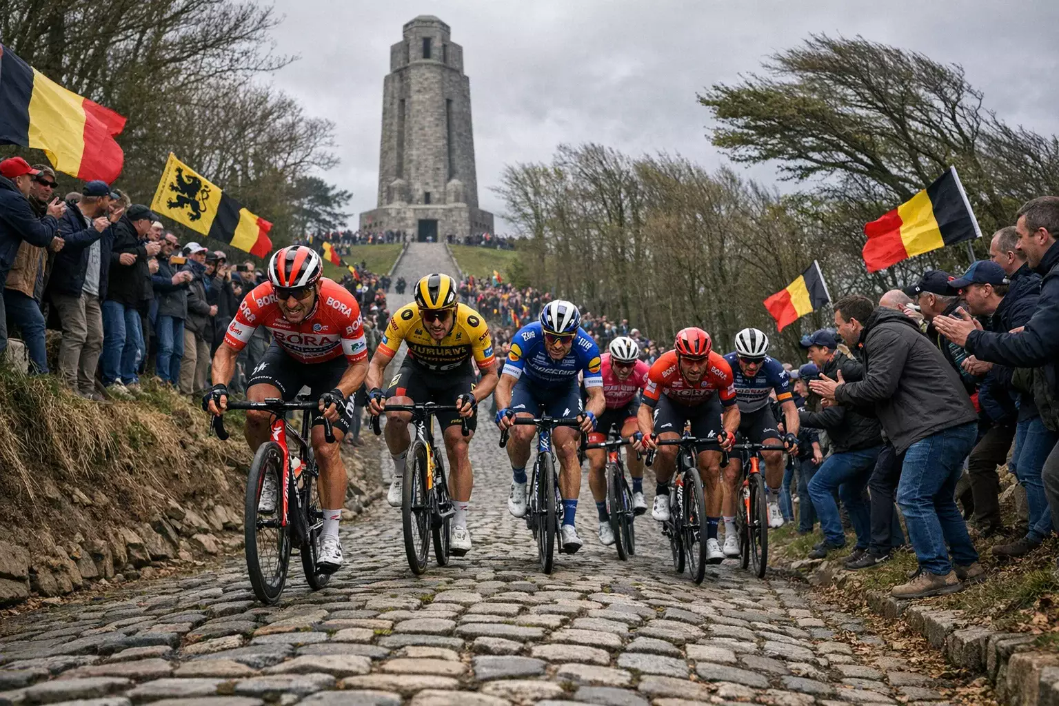 Wielrenners beklimmen de steile Kemmelberg tijdens Gent-Wevelgem