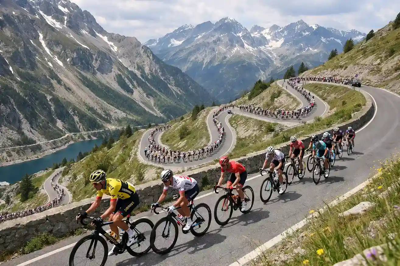 Wielrenners op bergachtige beklimming
