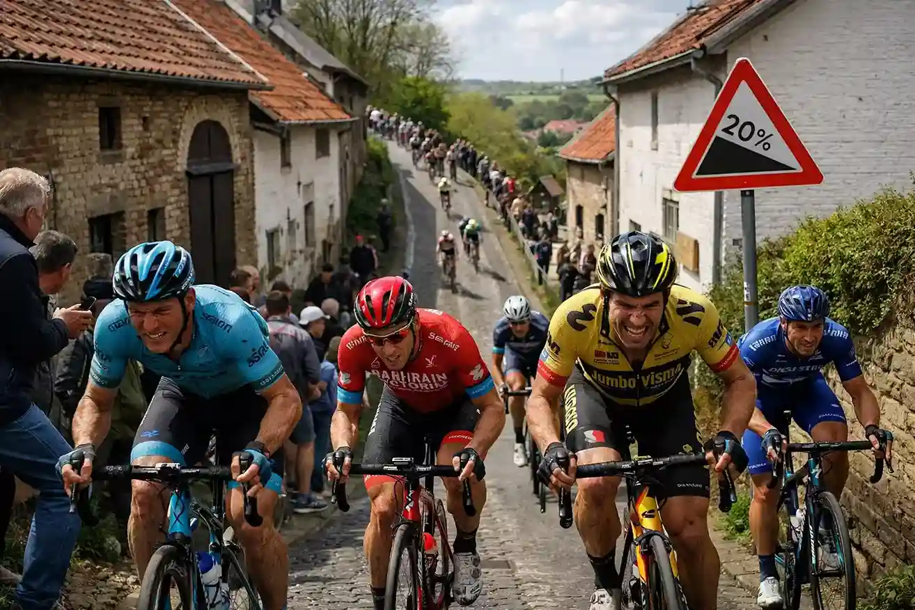 Steile helling met wielrenners in Limburg
