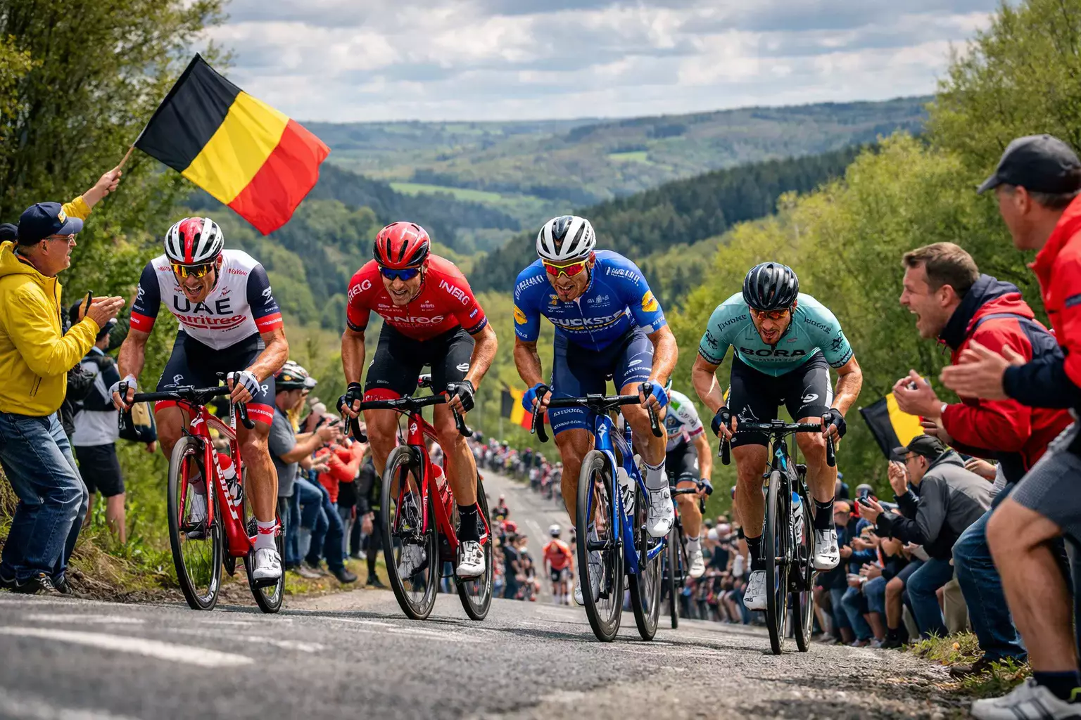 Wielrenner klimt steile helling in de groene Ardennen tijdens Luik-Bastenaken-Luik