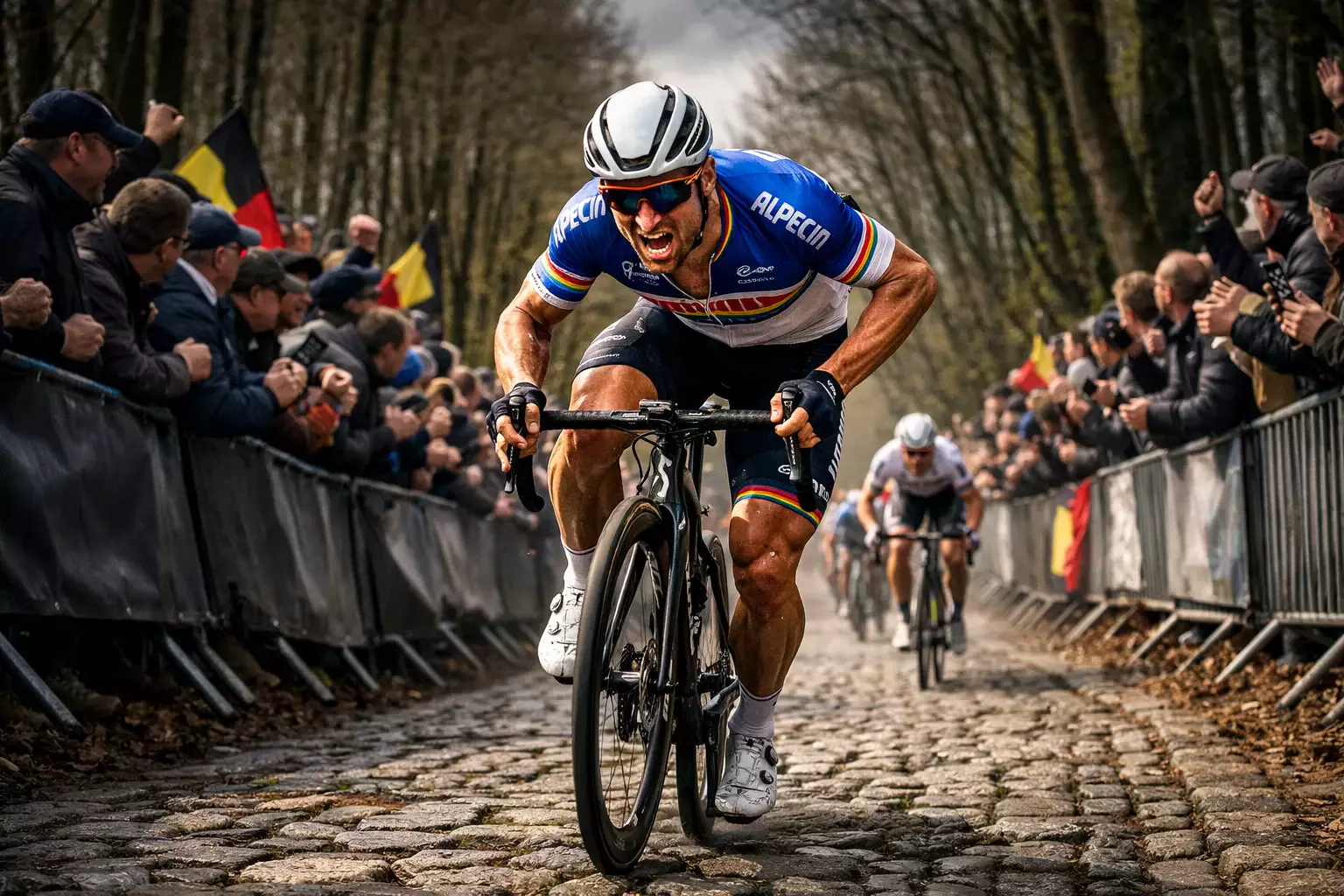 Mathieu van der Poel in aanval tijdens een wielerklassieker
