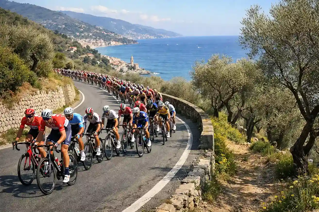 Wielrenners op de Poggio tijdens Milaan-San Remo