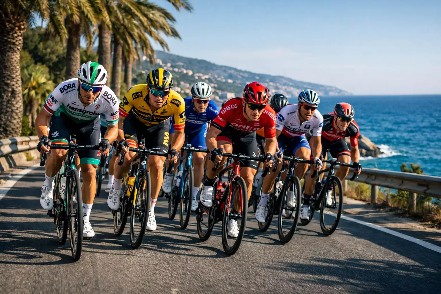 Wielrenners tijdens Milaan-San Remo langs de Ligurische kust met palmbomen