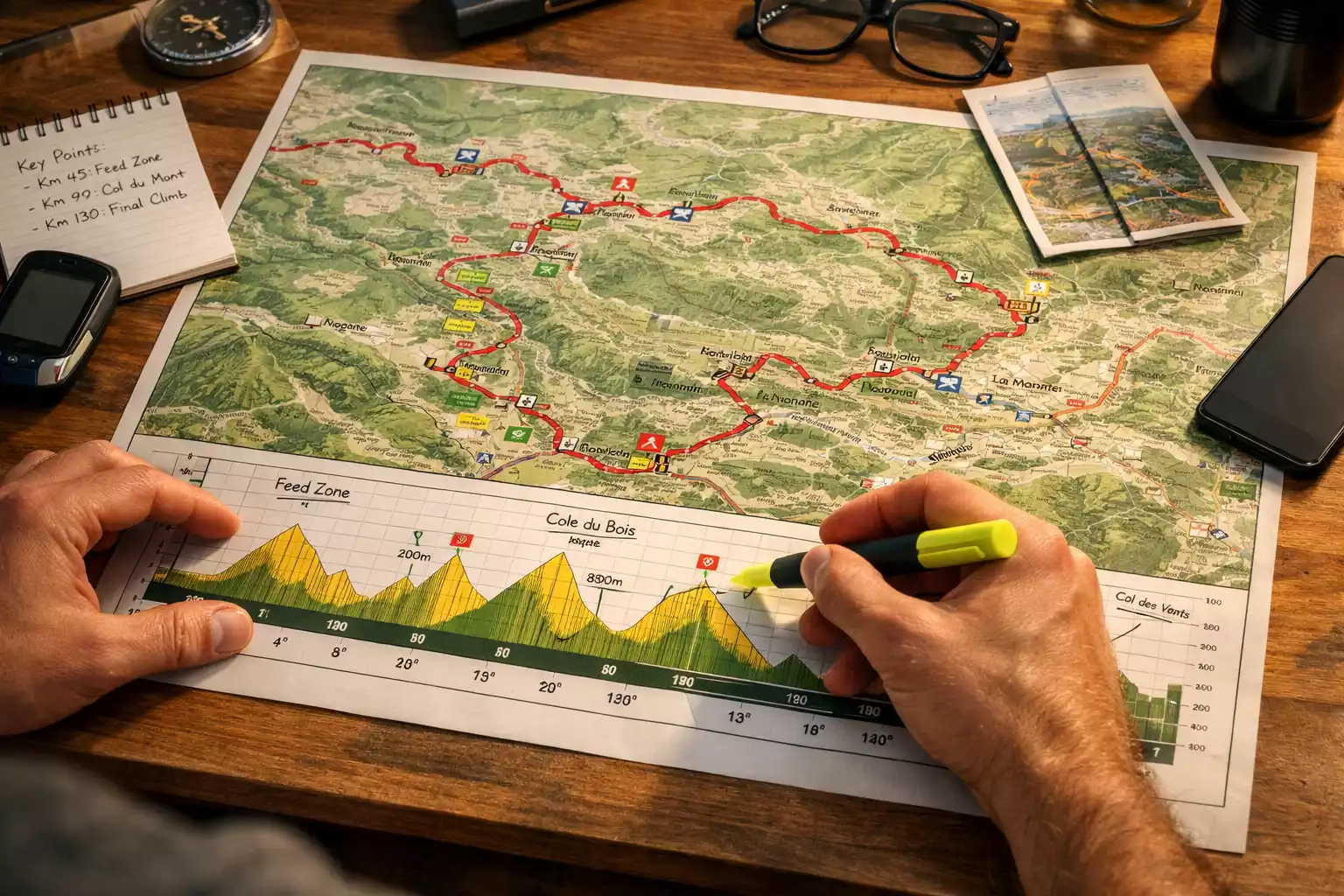 Routekaart met hoogteprofiel van wielerkoers