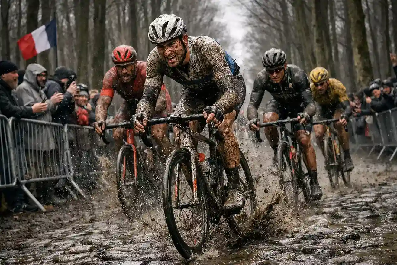 Wielrenners strijden over modderige kasseistrook in het Bos van Wallers tijdens Parijs-Roubaix