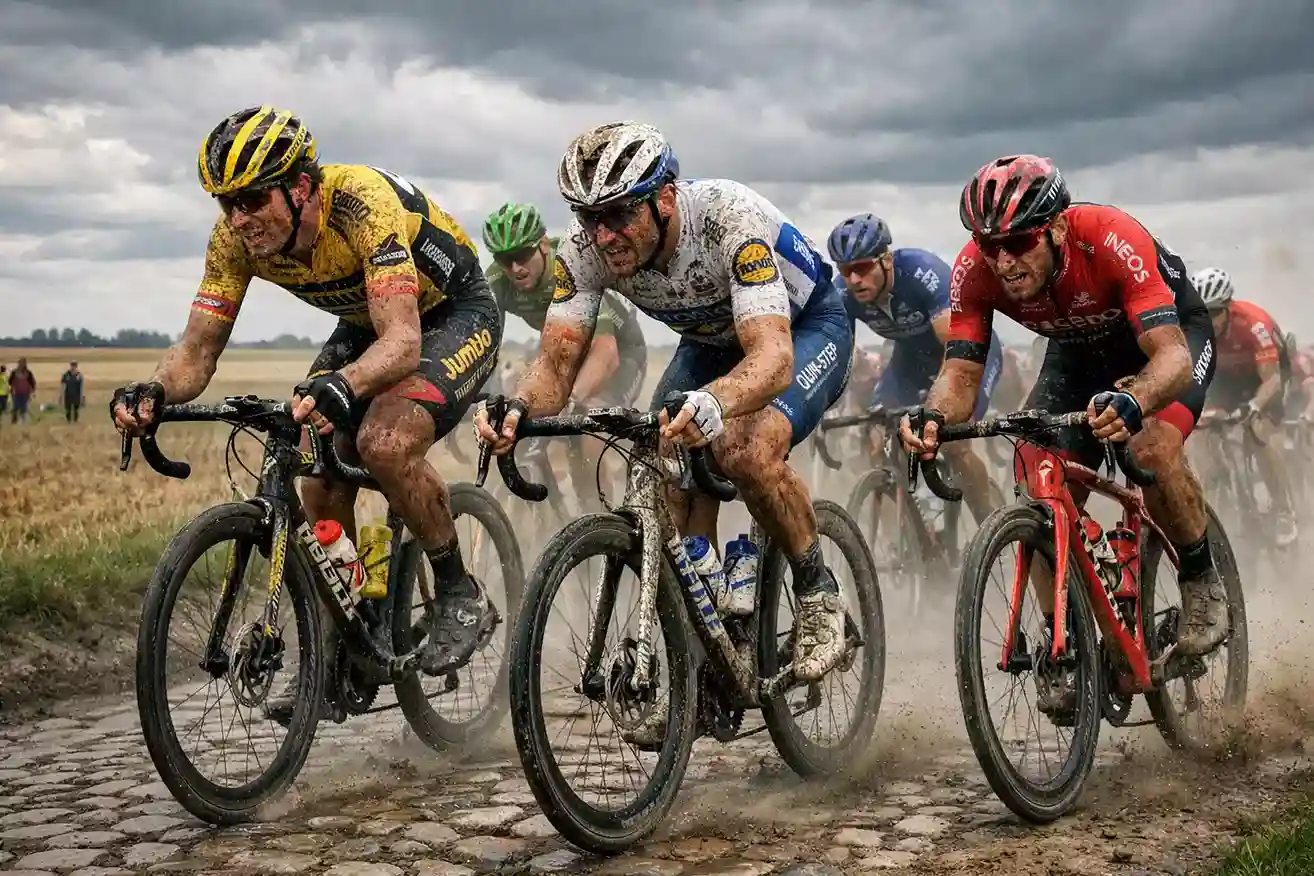 Wielrenners op de kasseien van Parijs-Roubaix