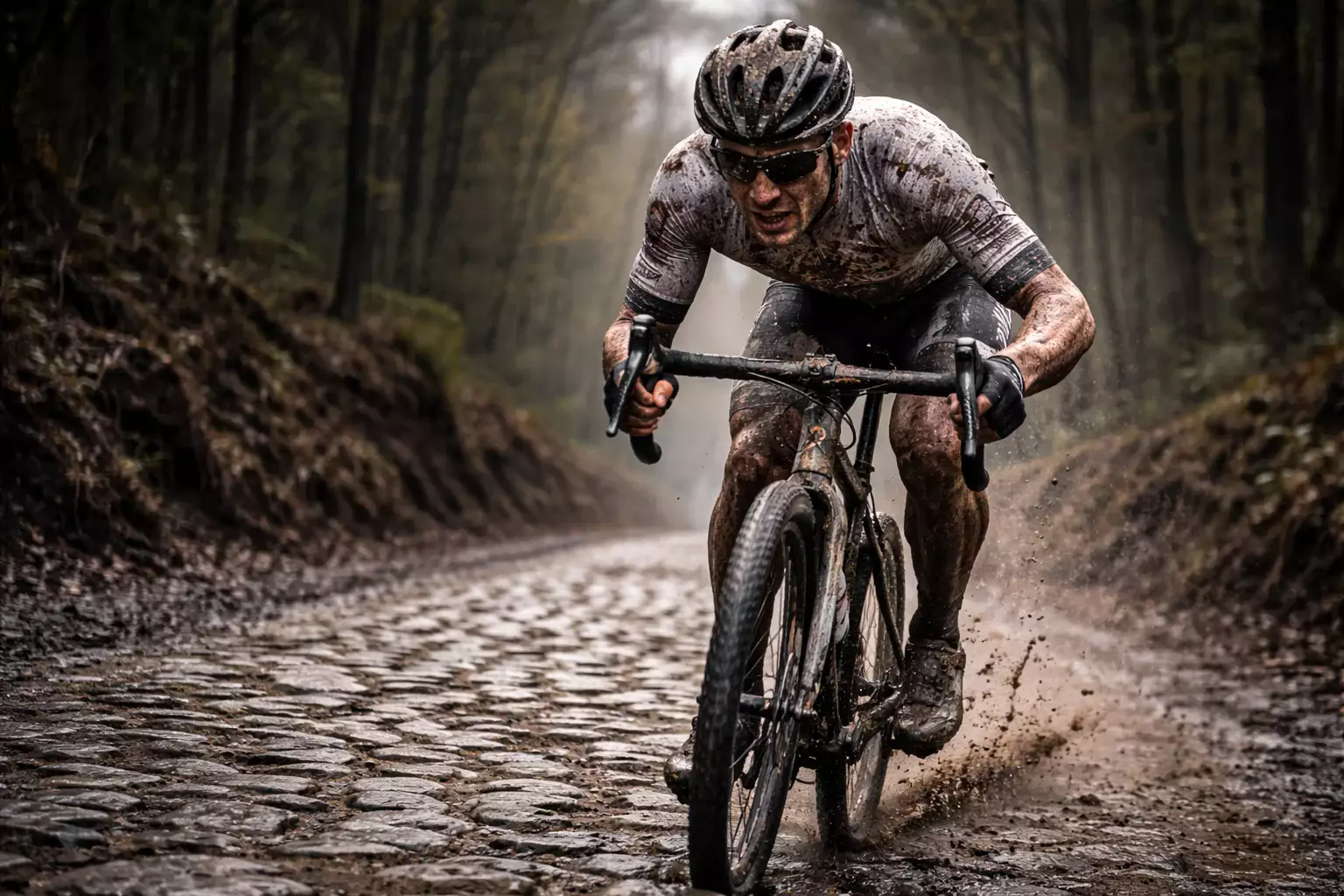 Wielrenner rijdt door modder op de kasseien van Parijs-Roubaix