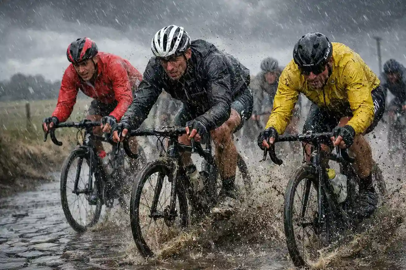 Wielrenners op natte kasseien bij regenachtig weer