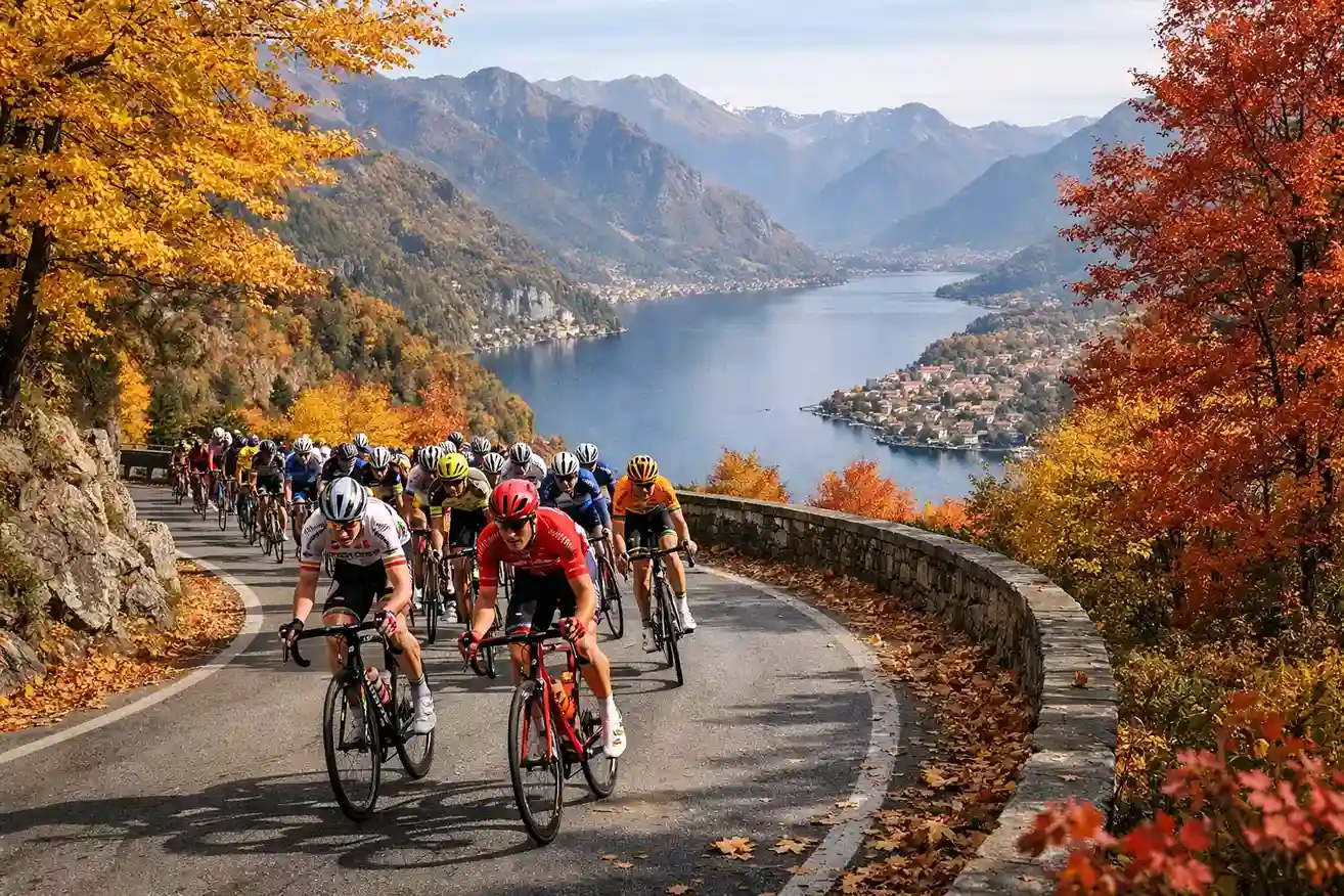 Wielrenners bij Comomeer tijdens Ronde van Lombardije