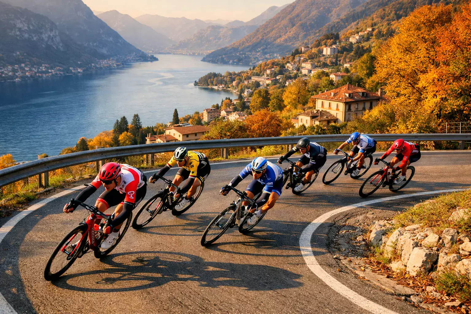 Wielrenners dalen af naar het Comomeer met herfstkleuren tijdens Ronde van Lombardije