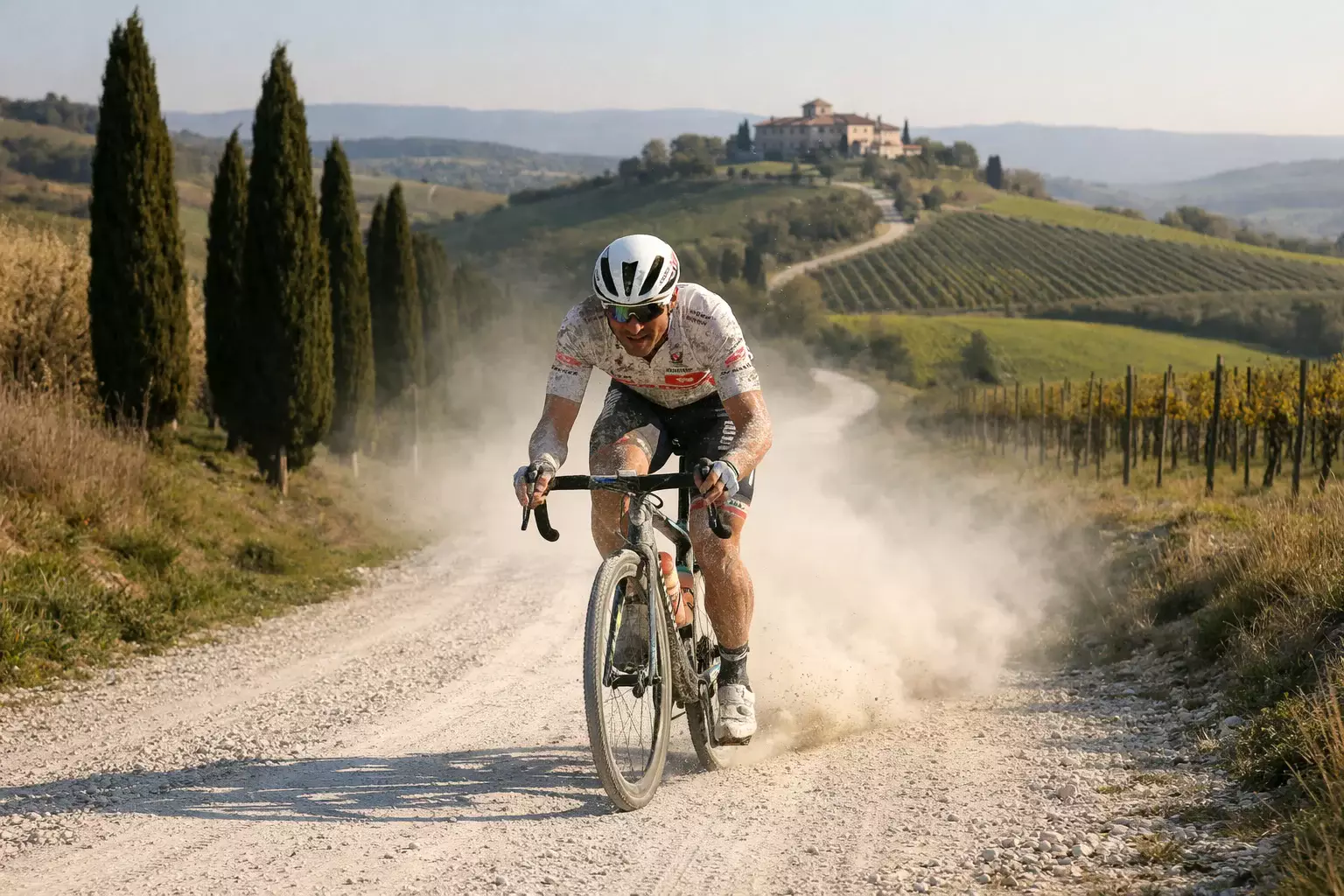 Wielrenner rijdt over witte grindwegen in Toscane tijdens Strade Bianche