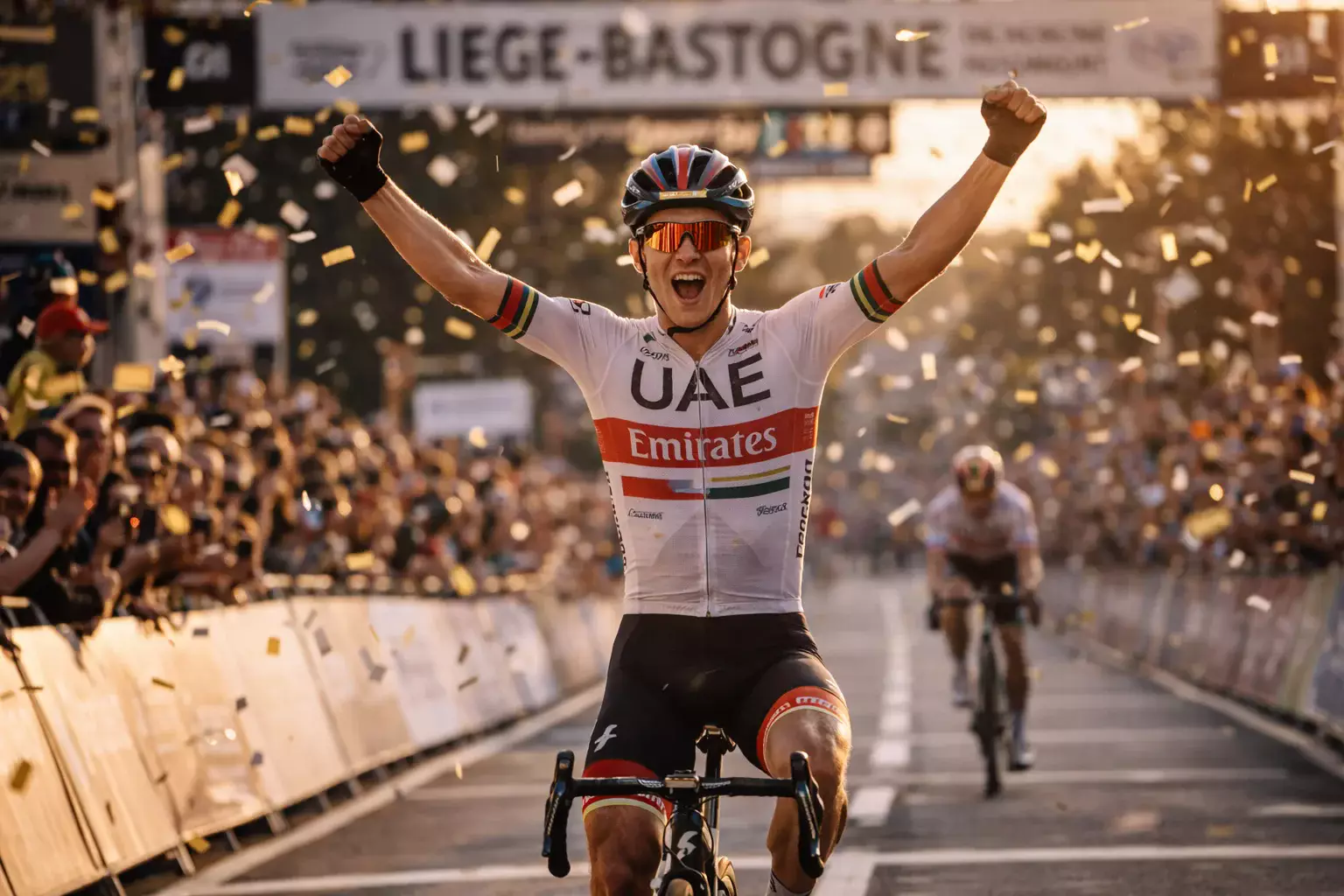 Tadej Pogačar viert overwinning in een wielermonument