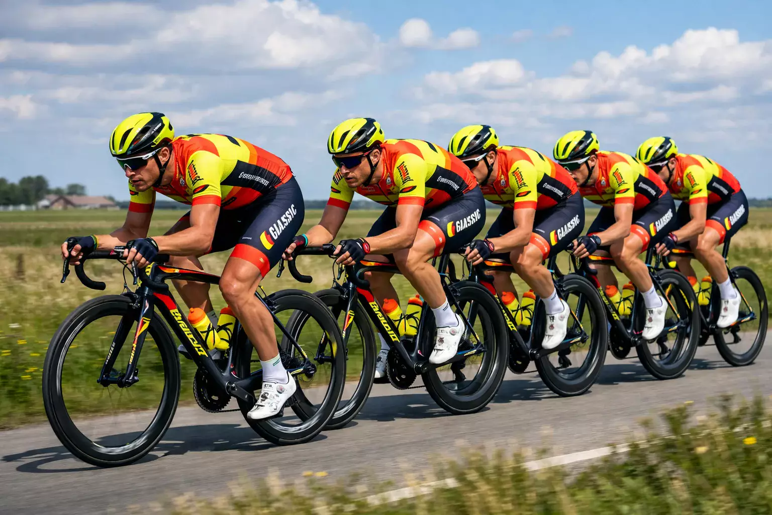 Wielerploeg in formatie tijdens klassieker met teamwerk