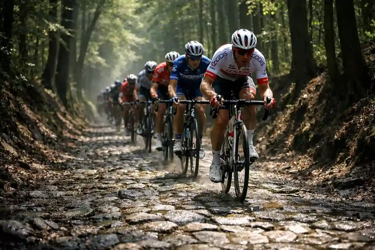 Wielrenners in het Bos van Arenberg op kasseien