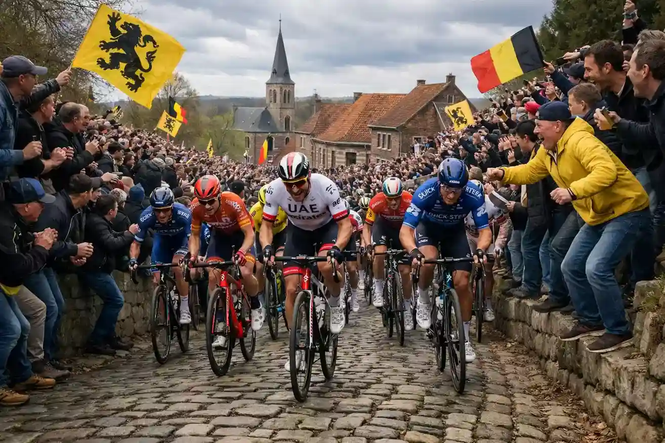 Peloton wielrenners beklimt steile helling tijdens de Ronde van Vlaanderen met toeschouwers langs de kant