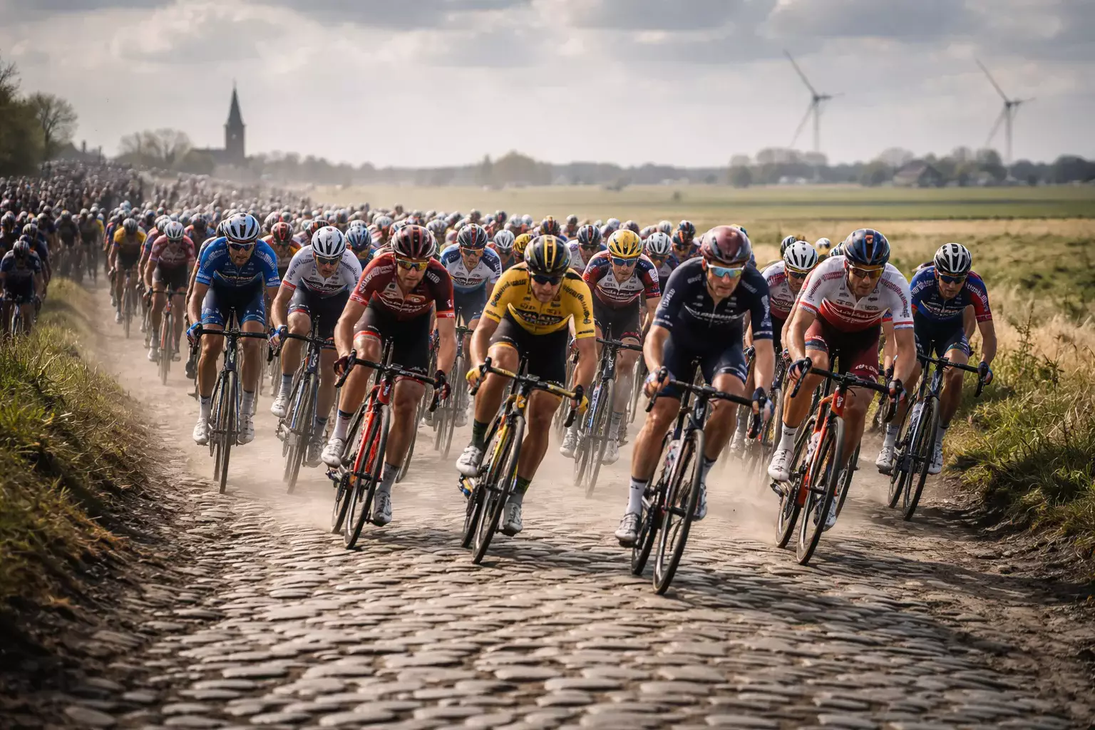 Wielrenners op Vlaamse kasseien tijdens voorjaarsklassieker