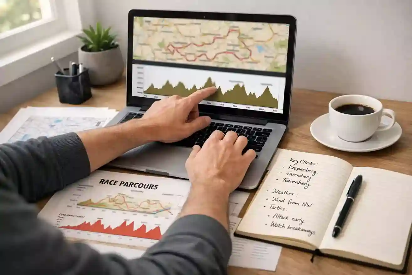 Persoon bestudeert wielrenstatistieken en koersparcours op laptop met notitieblok ernaast