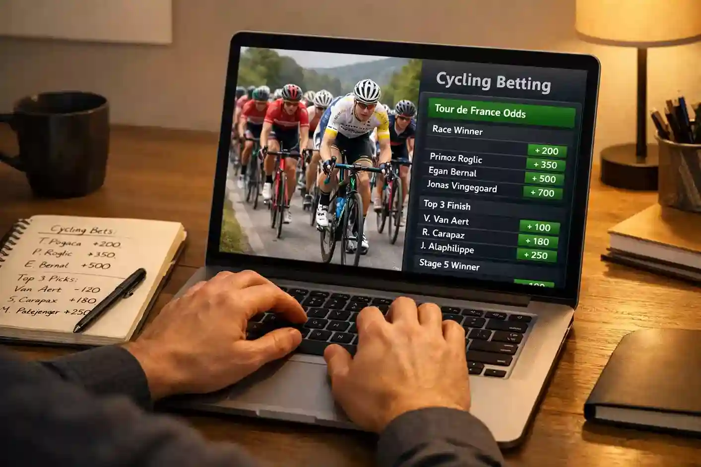 Sportweddenschap op wielrennen met laptop en notitieblok