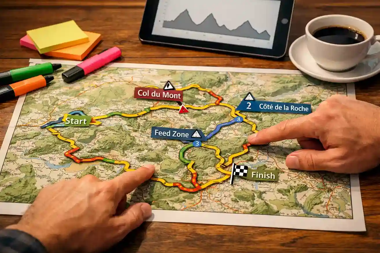 Gedetailleerde routekaart van wielerklassieker met gemarkeerde beklimmingen en beslissende punten