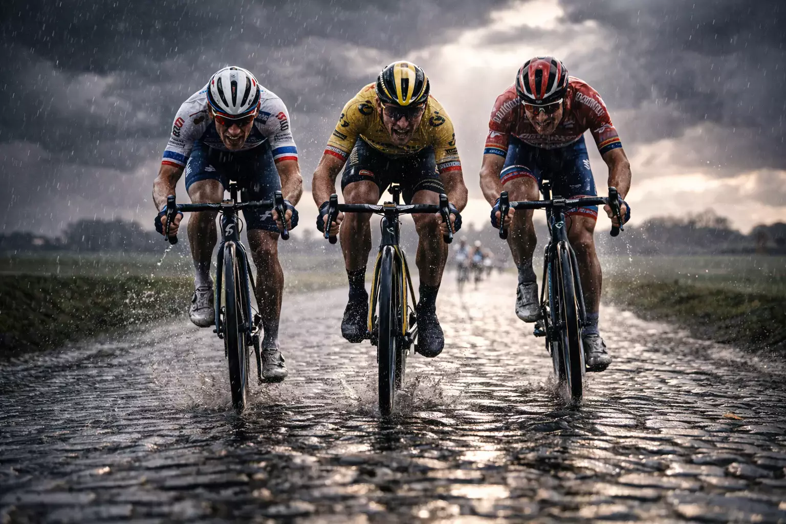 Wielrenners op natte kasseien tijdens regenachtige klassieker