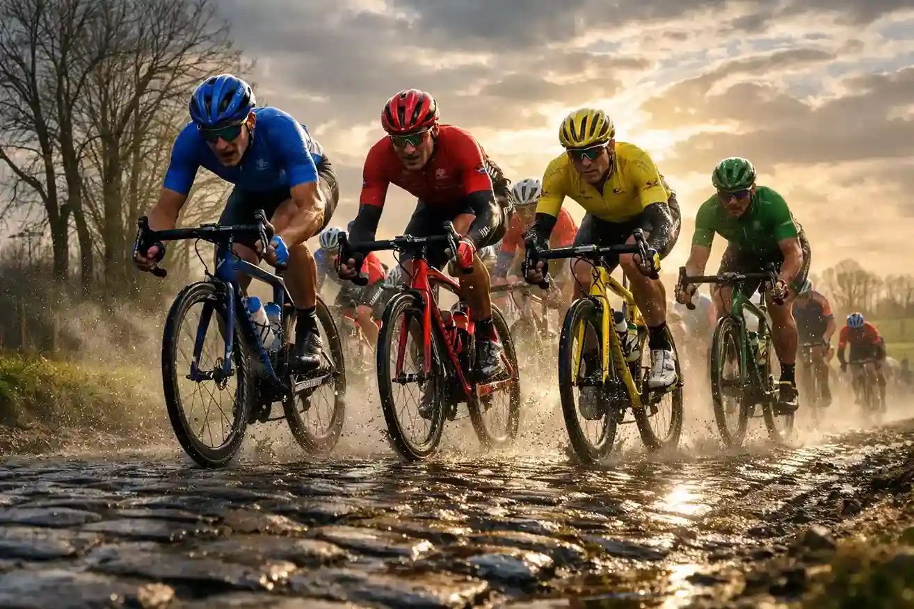 Professionele wielrenners in fel gekleurd tenue rijden over kasseien tijdens een voorjaarsklassieker