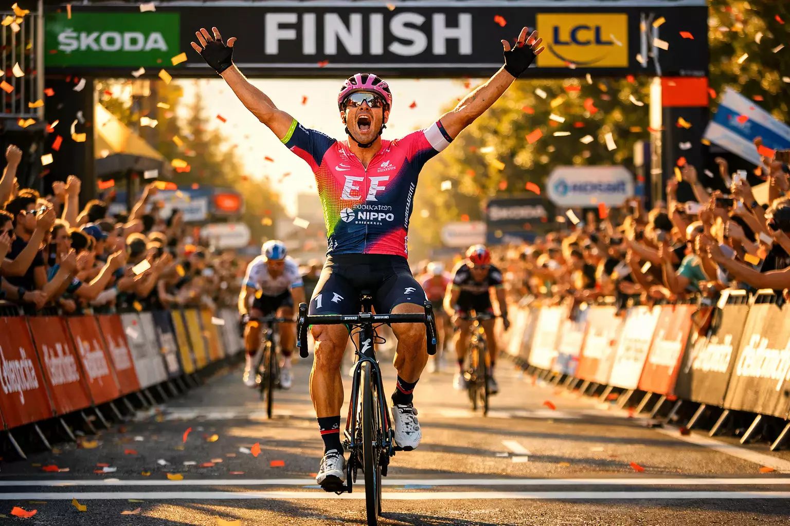 Wielrenner steekt armen omhoog bij het winnen van een klassieker