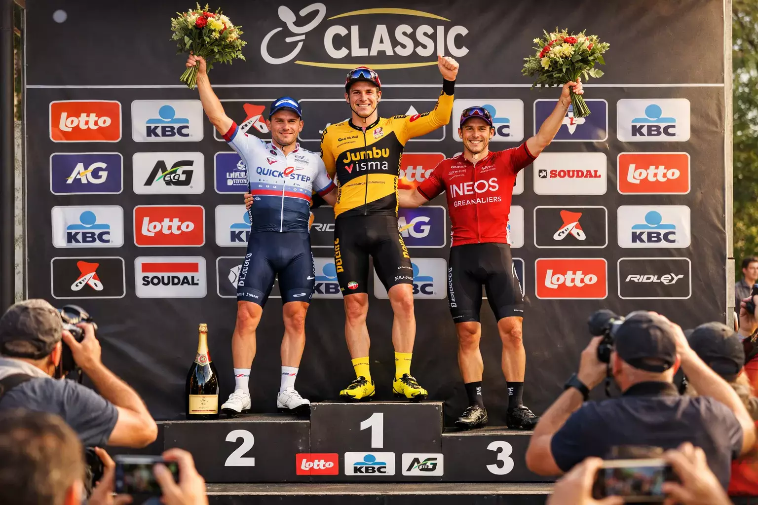 Drie wielrenners op het podium tijdens podiumceremonie van een klassieker