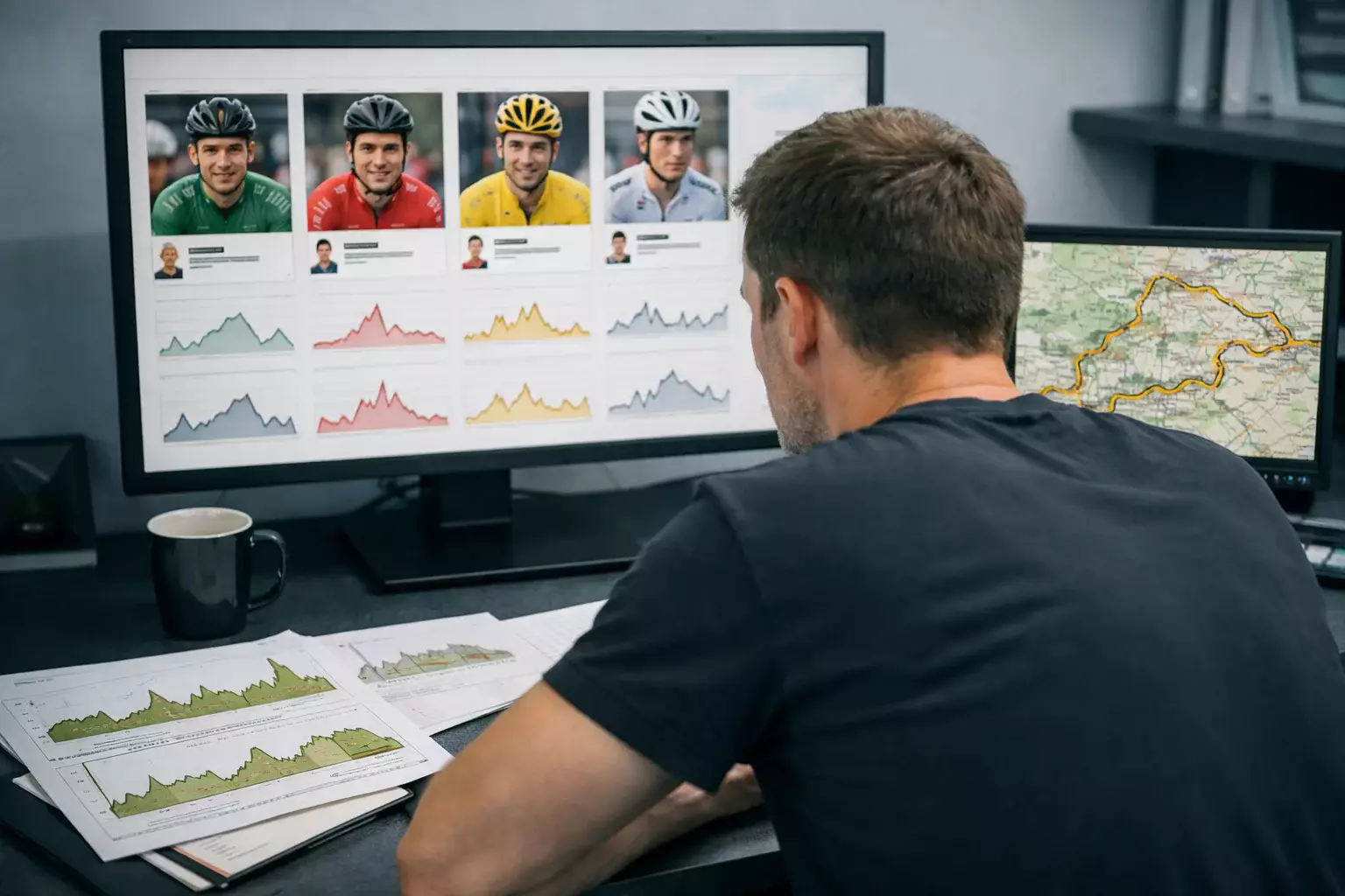 Persoon bestudeert wielrenstatistieken op computerscherm